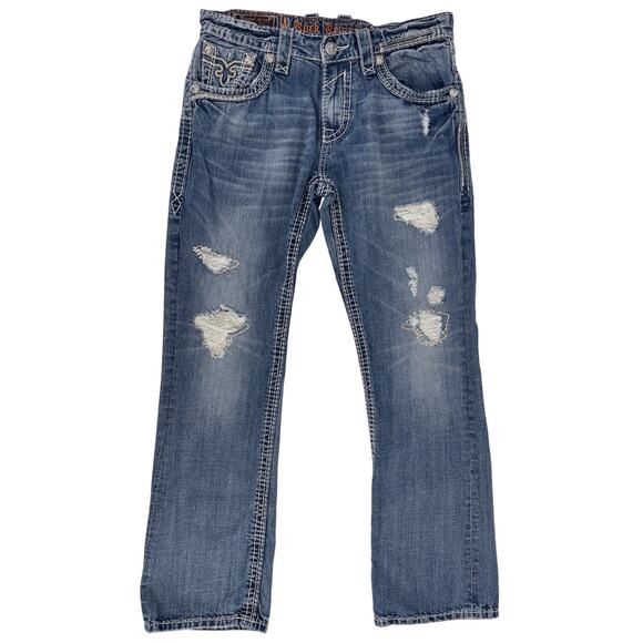 Rock Revival Men's Boot Cut Denim Jeans Troy Distressed 32x31 Stud Accent Biker - Picture 1 of 15